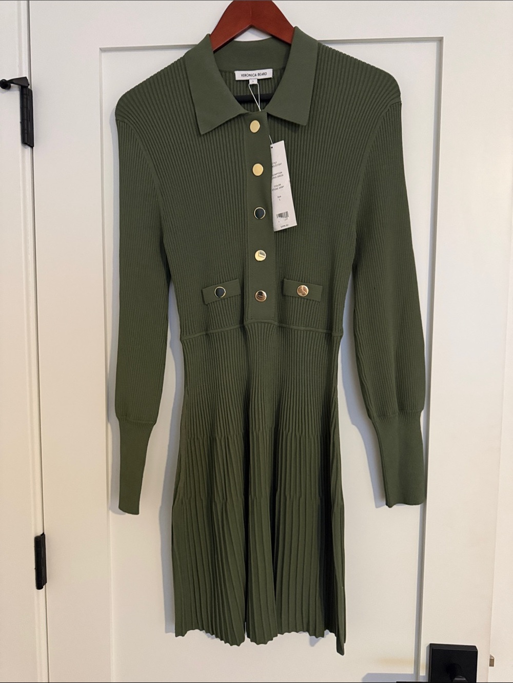 Veronica Beard Olive Green Ribbed Knit Mini Dress with Gold Buttons